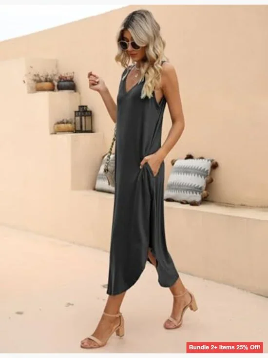 Sleeveless Maxi Dress with Pockets, V-Neck, Loose Midi, Casual Summer - Picture 4 of 6